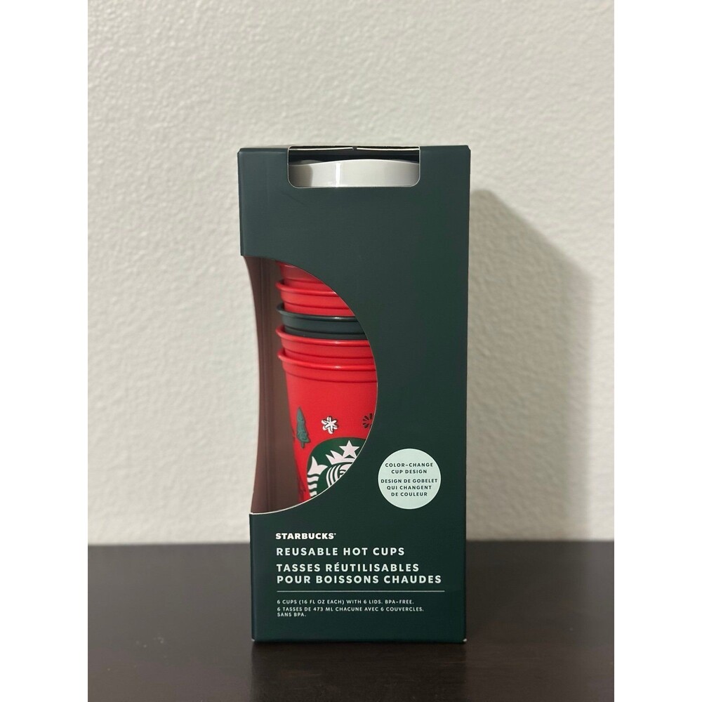 Starbucks Holiday 6-Pack Reusable 16 oz Hot Cups with Lids Color Changing